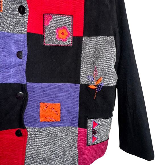 Koret XL Petite Patchwork Jacket Embroidered Button Front Colorblock Artsy Retro - Picture 3 of 5